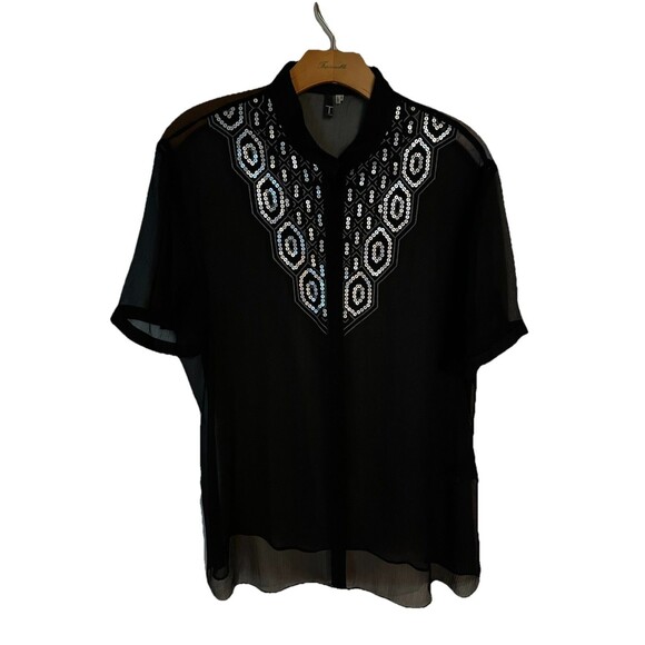 Tahari Black 100% Silk Short Sleeve Sequined Blouse, Sheer Elegant Classic SZ XL - Picture 1 of 8